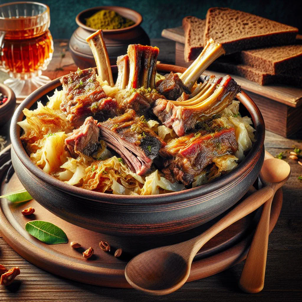 Serbian sauerkraut braised with pork ribs and paprika in a rustic bowl