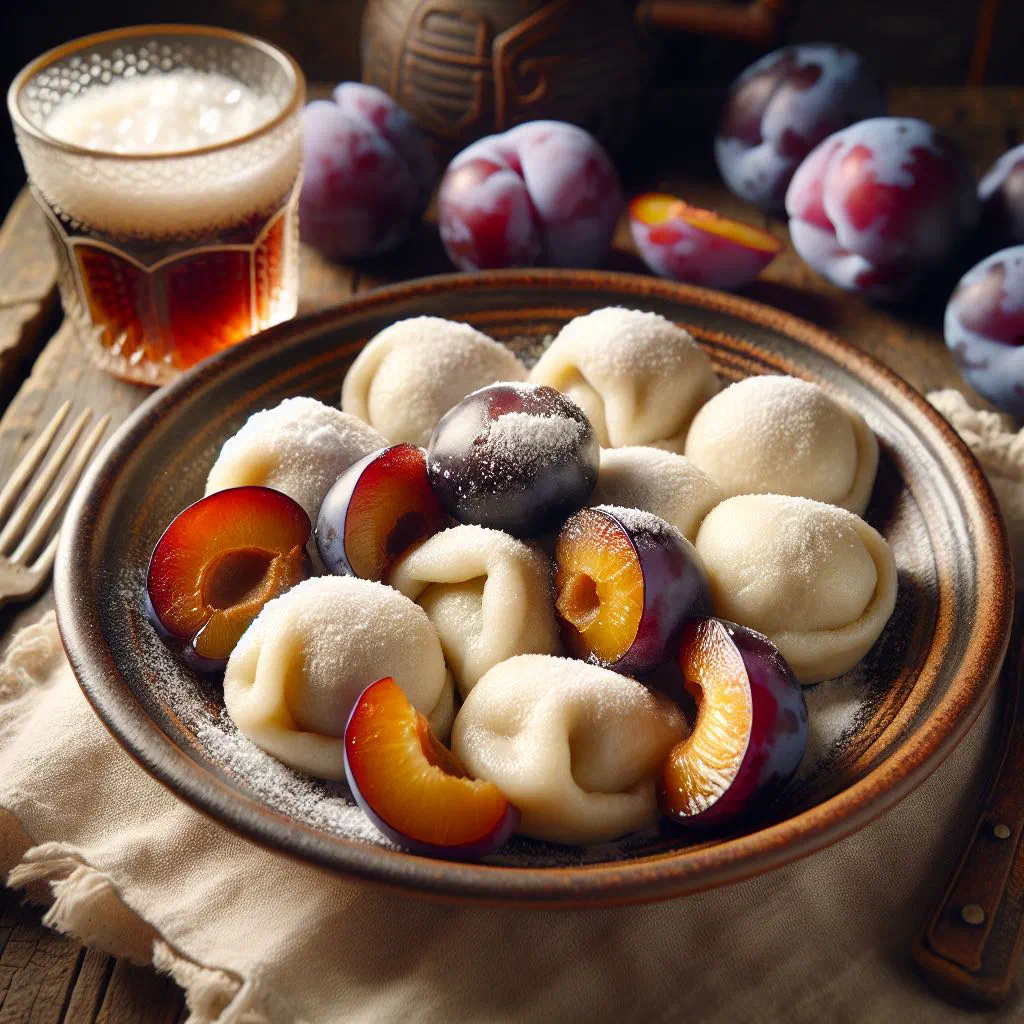 Serbian plum dumplings dusted with sugar and cinnamon on a plate