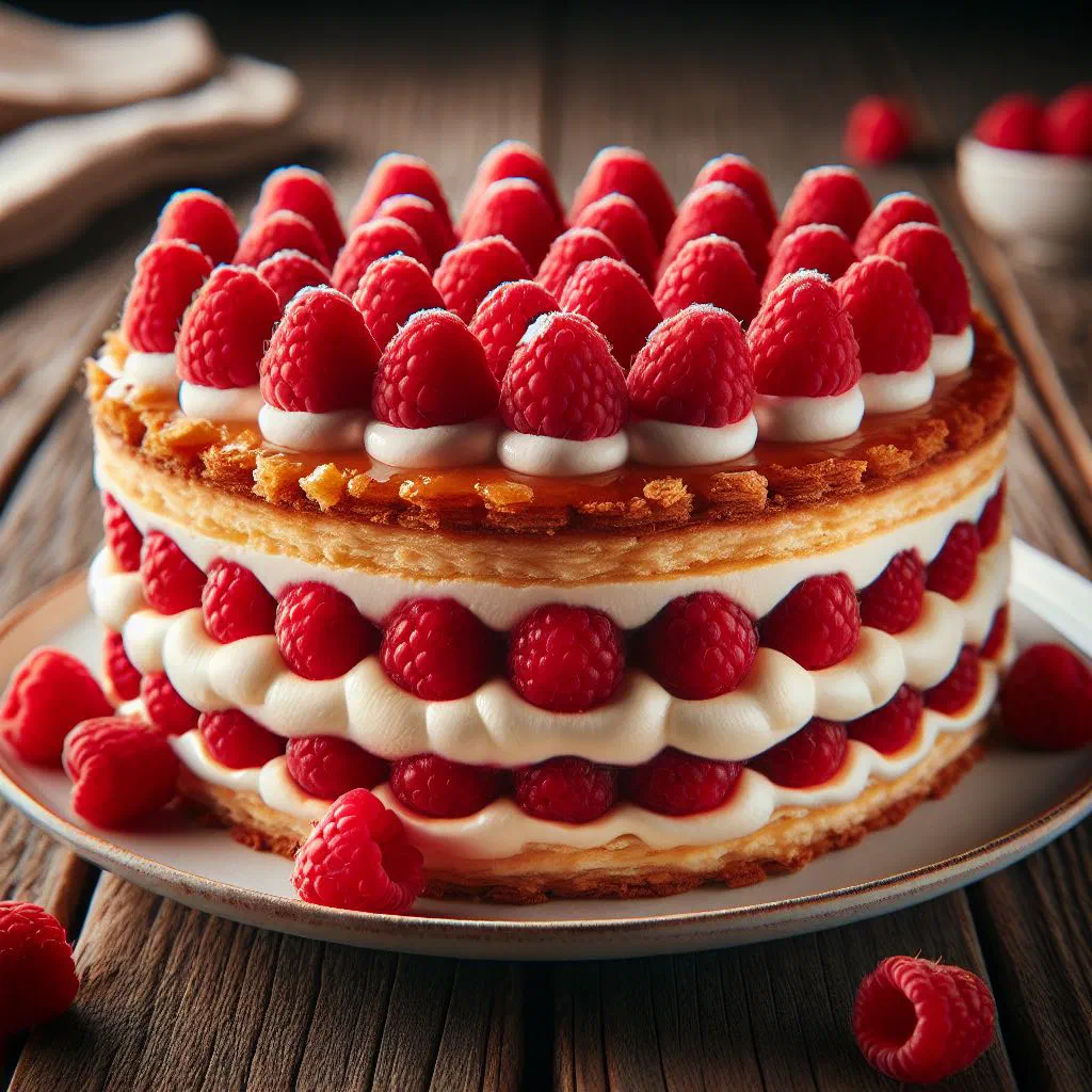 Layered raspberry cream cake topped with fresh raspberries