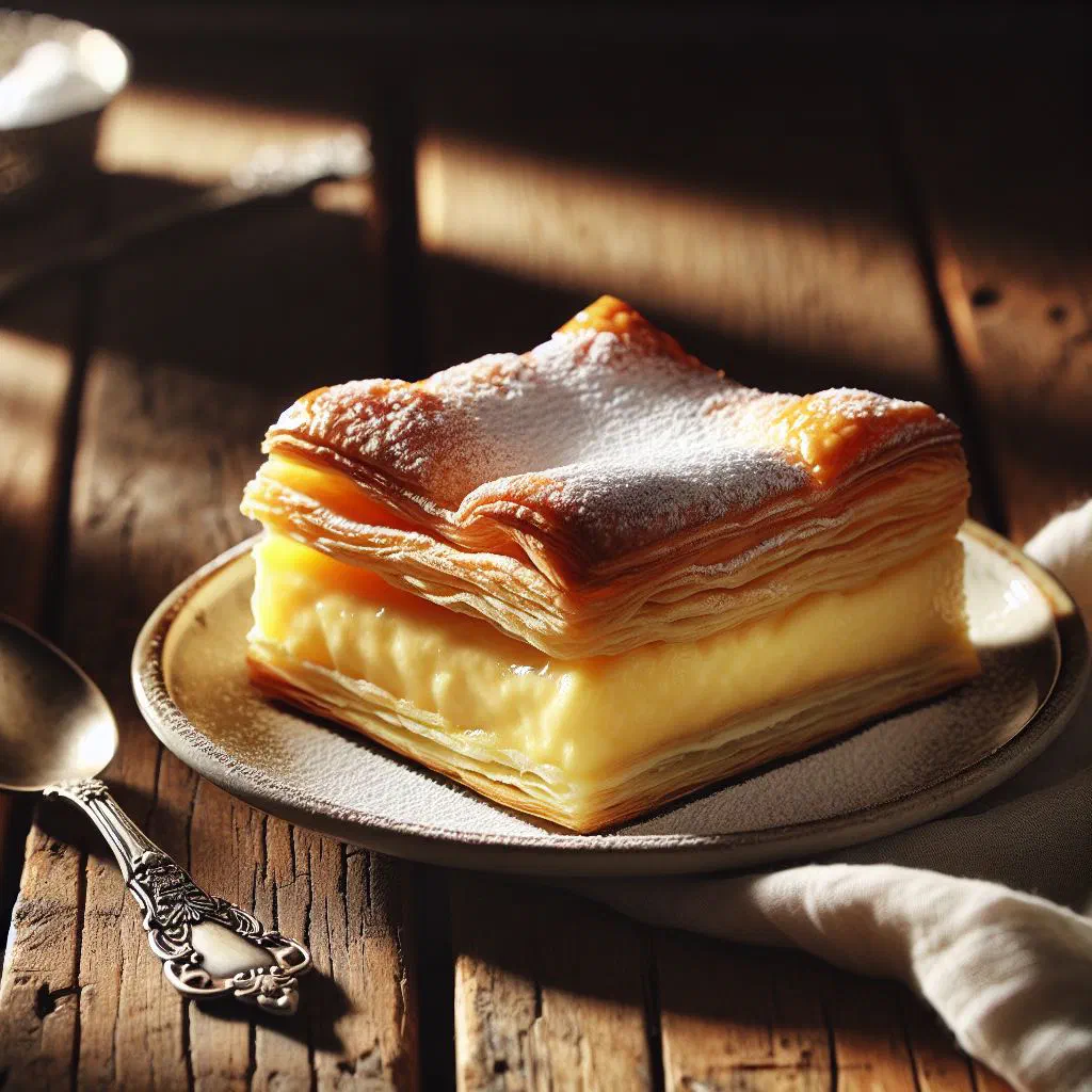 Slice of krempita with layers of puff pastry and vanilla custard dusted with icing sugar