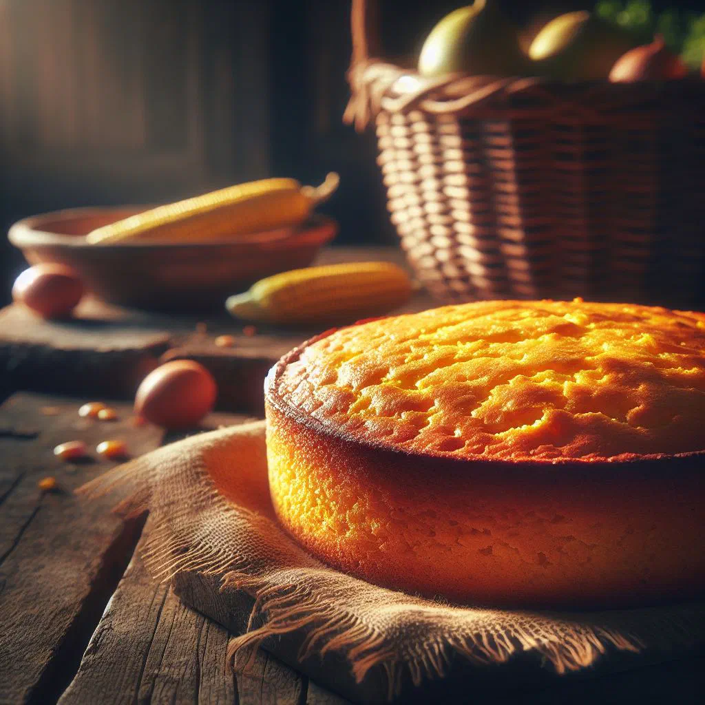 Golden Serbian cornbread with a crisp crust, sliced on a wooden board
