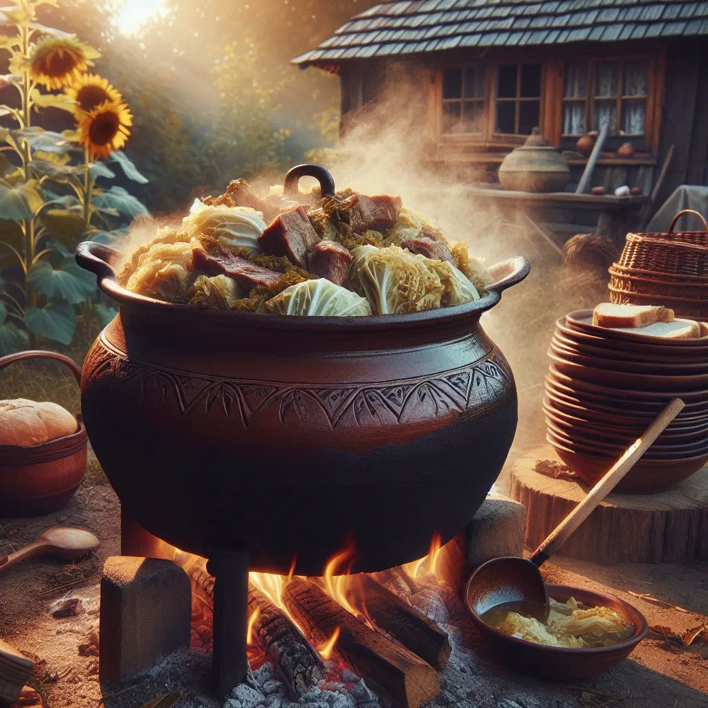 A rustic bowl of Kupusara, Serbian braised sauerkraut with smoked bacon
