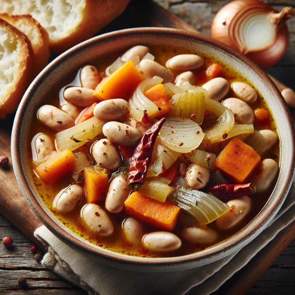 A rustic bowl of Serbian kuvani pasulj bean stew with smoked sausage