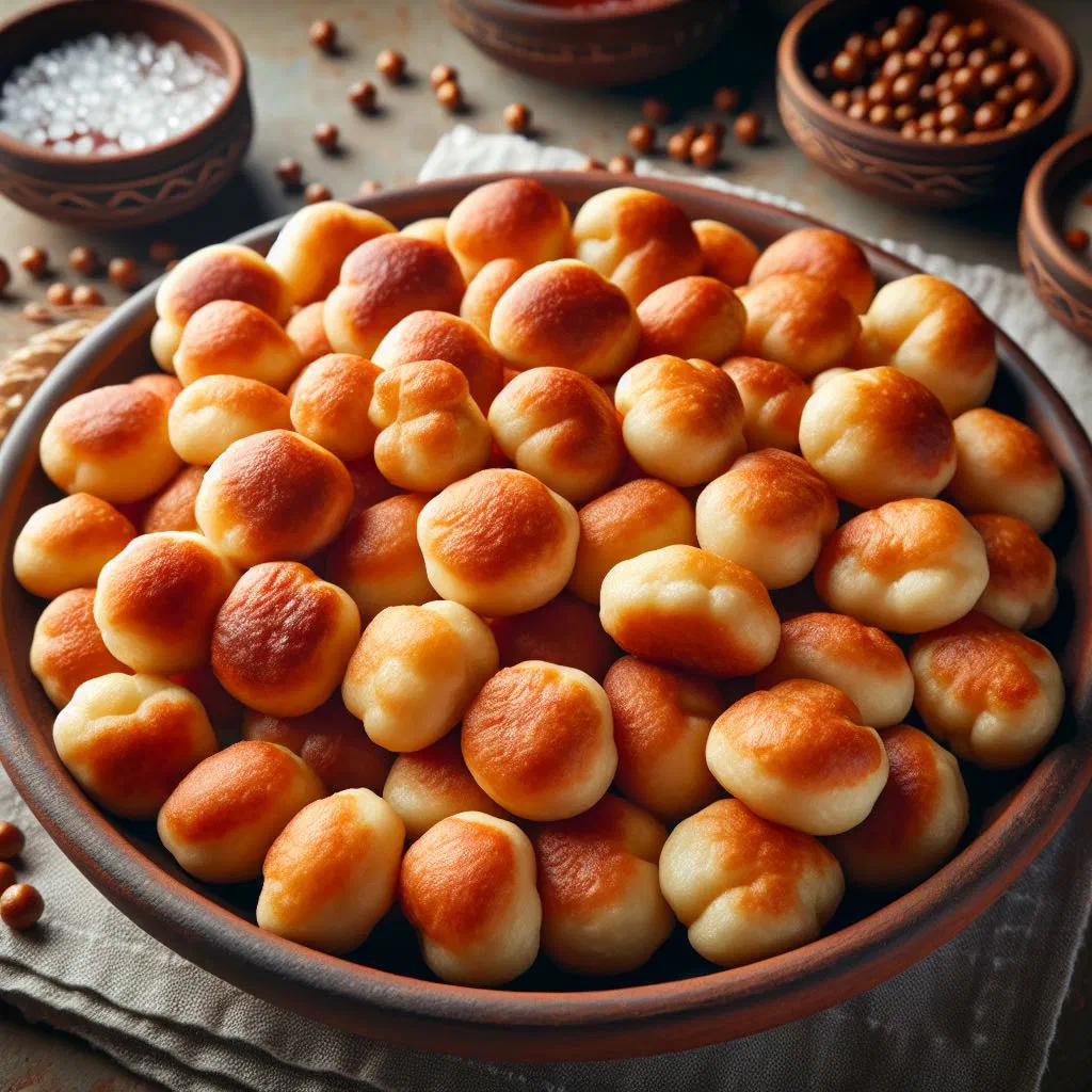 Golden fried Leskovac dough fritters piled on a wooden board