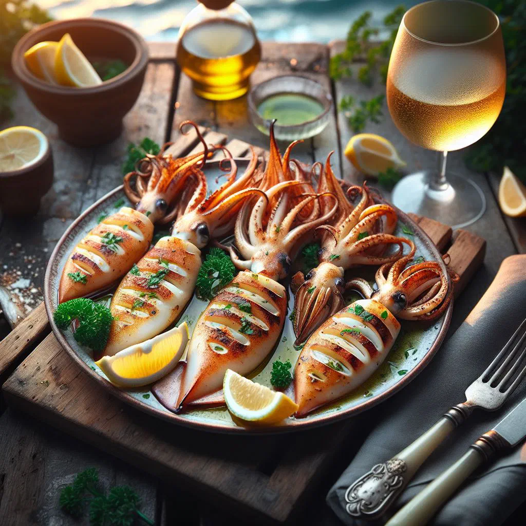 Grilled squid rings glistening with olive oil, lemon and fresh herbs