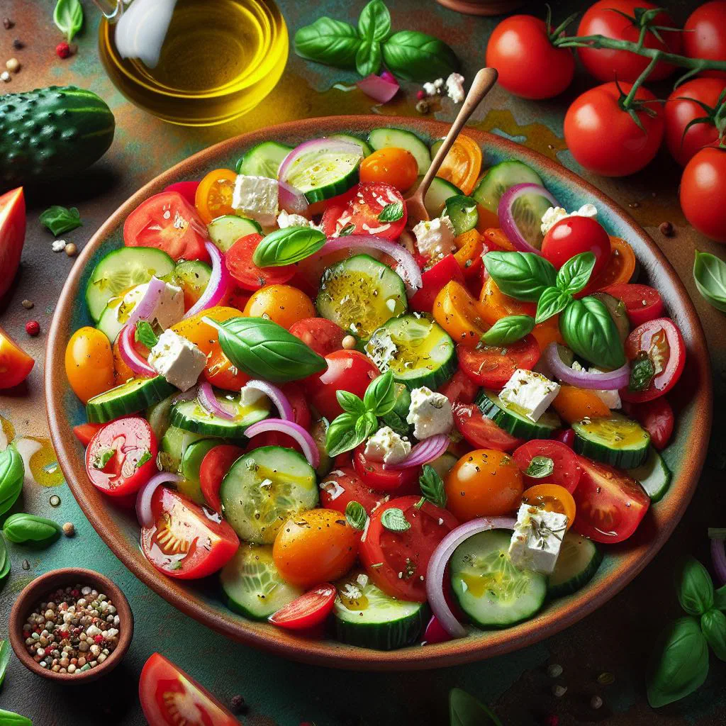 Fresh Serbian summer salad with tomatoes, cucumber and peppers in a bowl