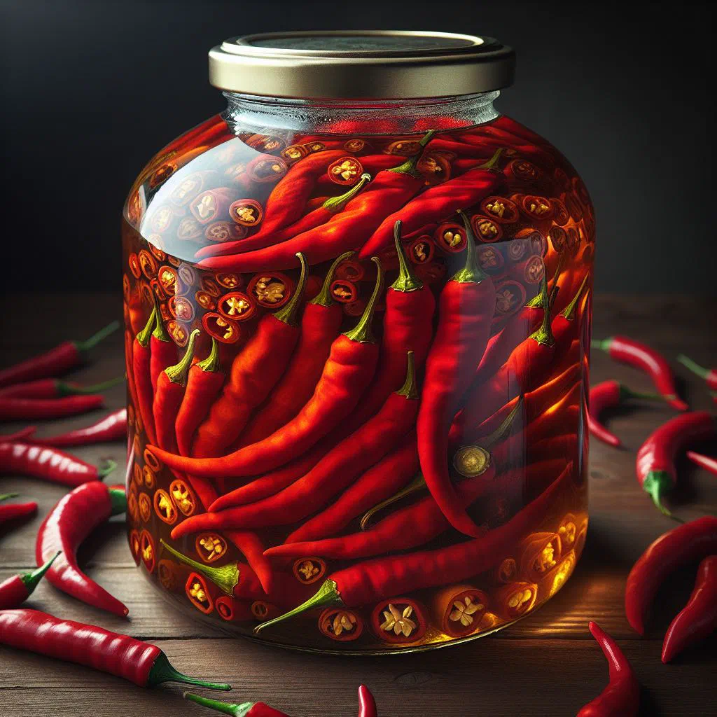 Hot peppers preserved in spiced oil in a glass jar