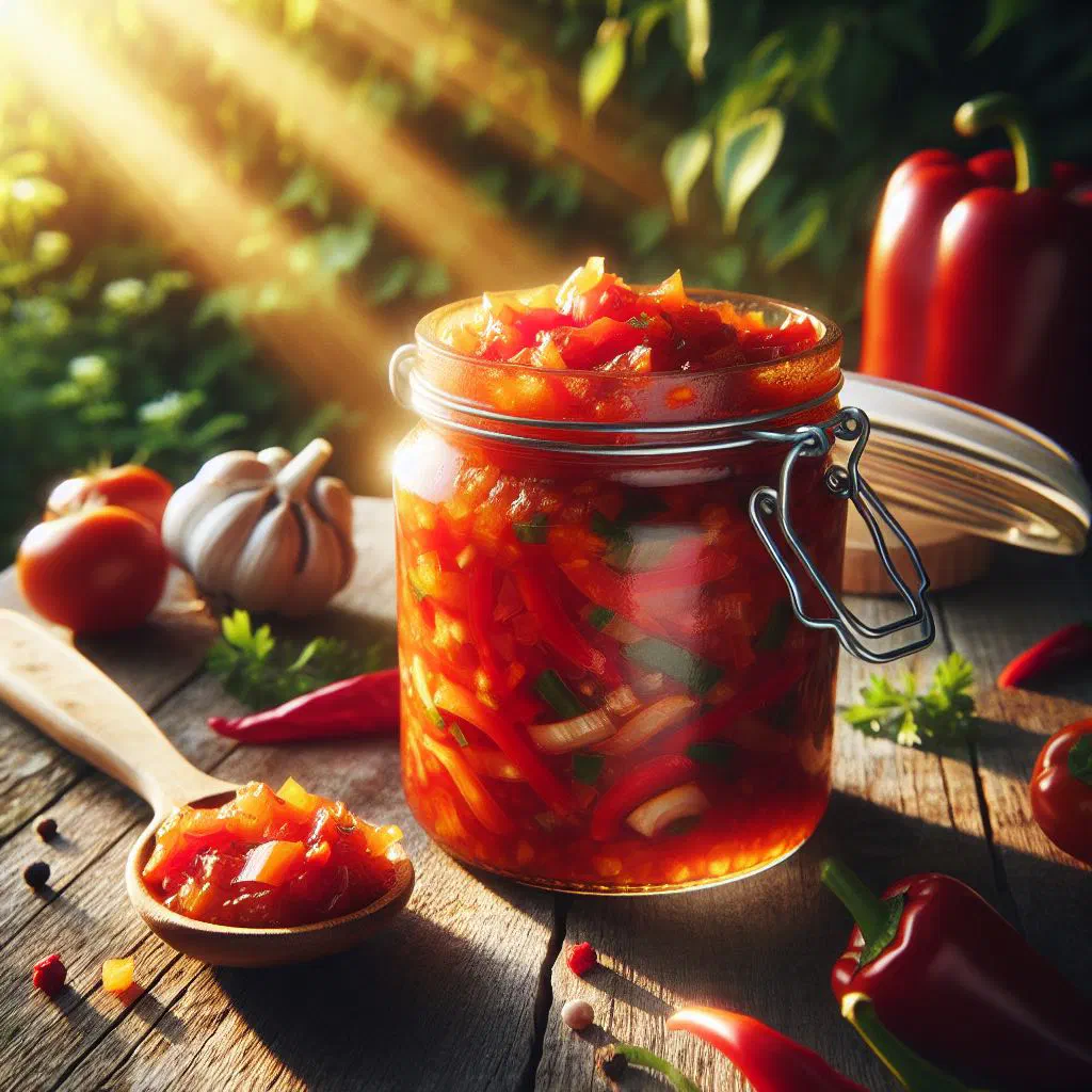 A bowl of deep red ljutenica pepper relish with fresh bread