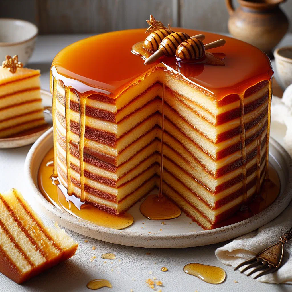 Layered Serbian honey cake topped with cream and chopped walnuts