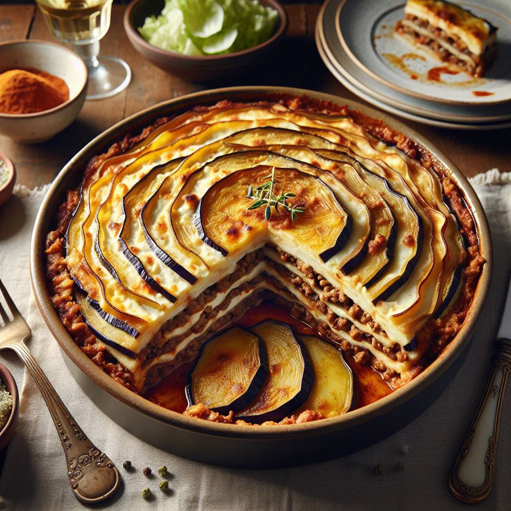 Baked Serbian moussaka with layered aubergine, potato and minced meat