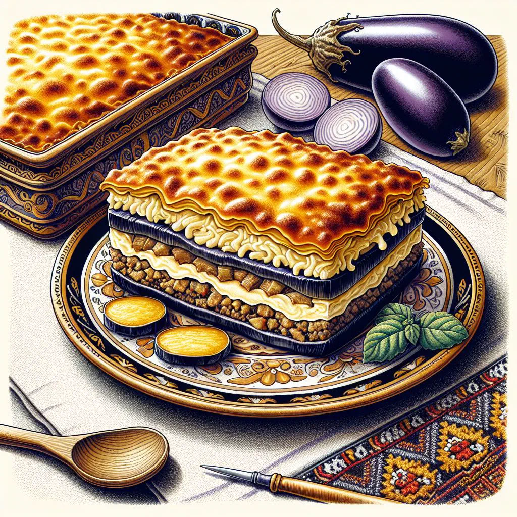Golden baked Serbian musaka with layers of potato and minced meat