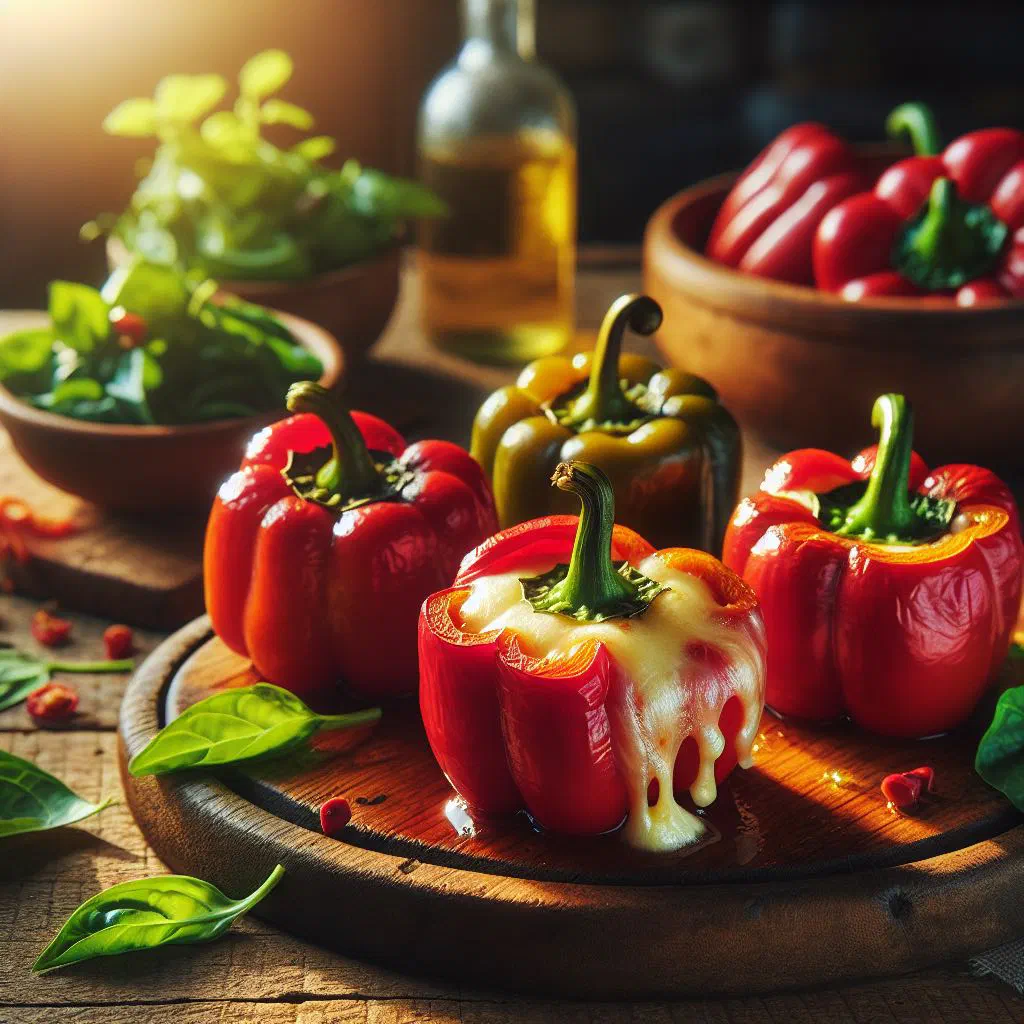 Baked peppers stuffed with a creamy cheese filling, garnished with fresh herbs