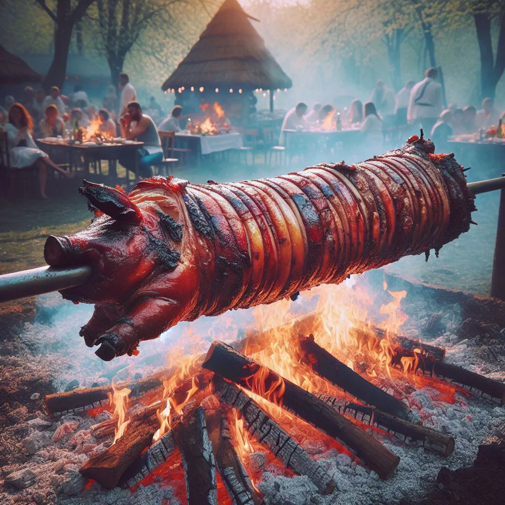 Spit-roasted pork carved and served with fresh herbs and lemon