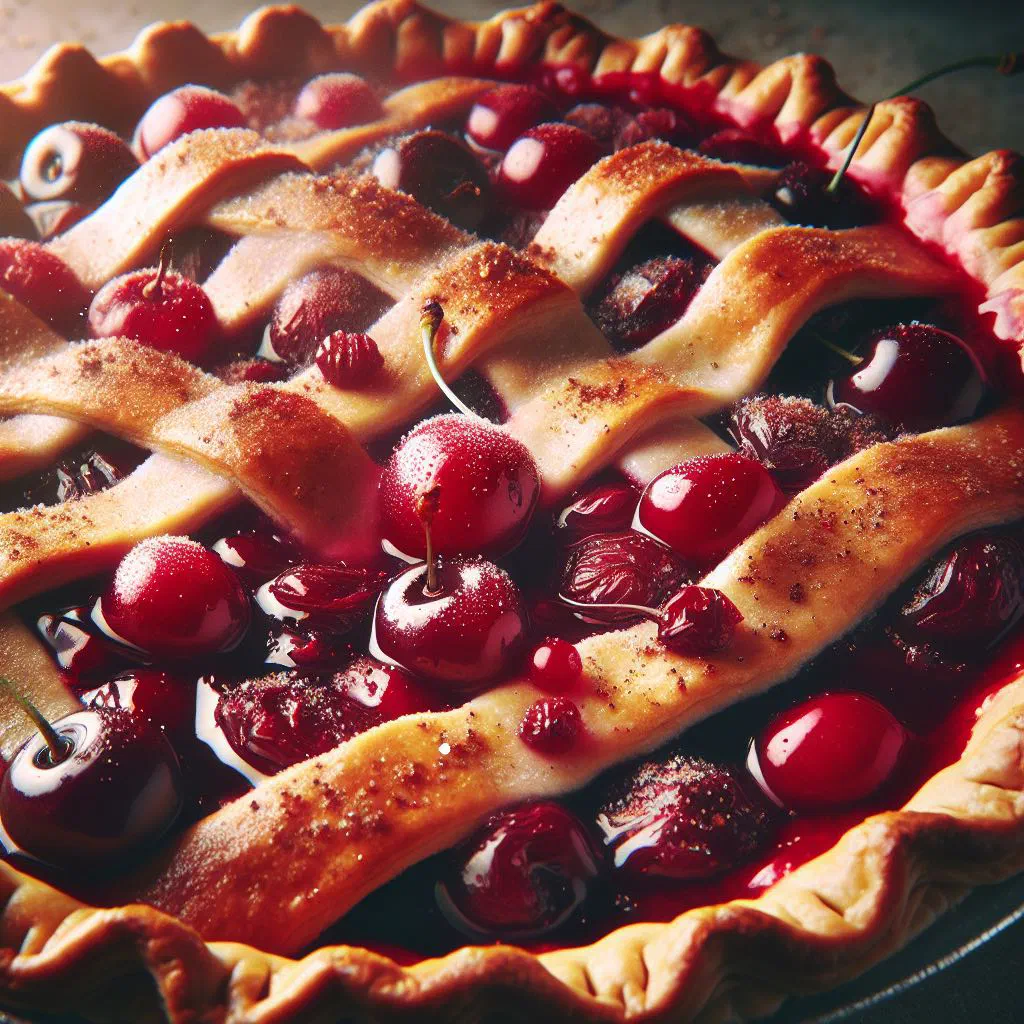 Golden sour cherry pie dusted with sugar, cut into squares