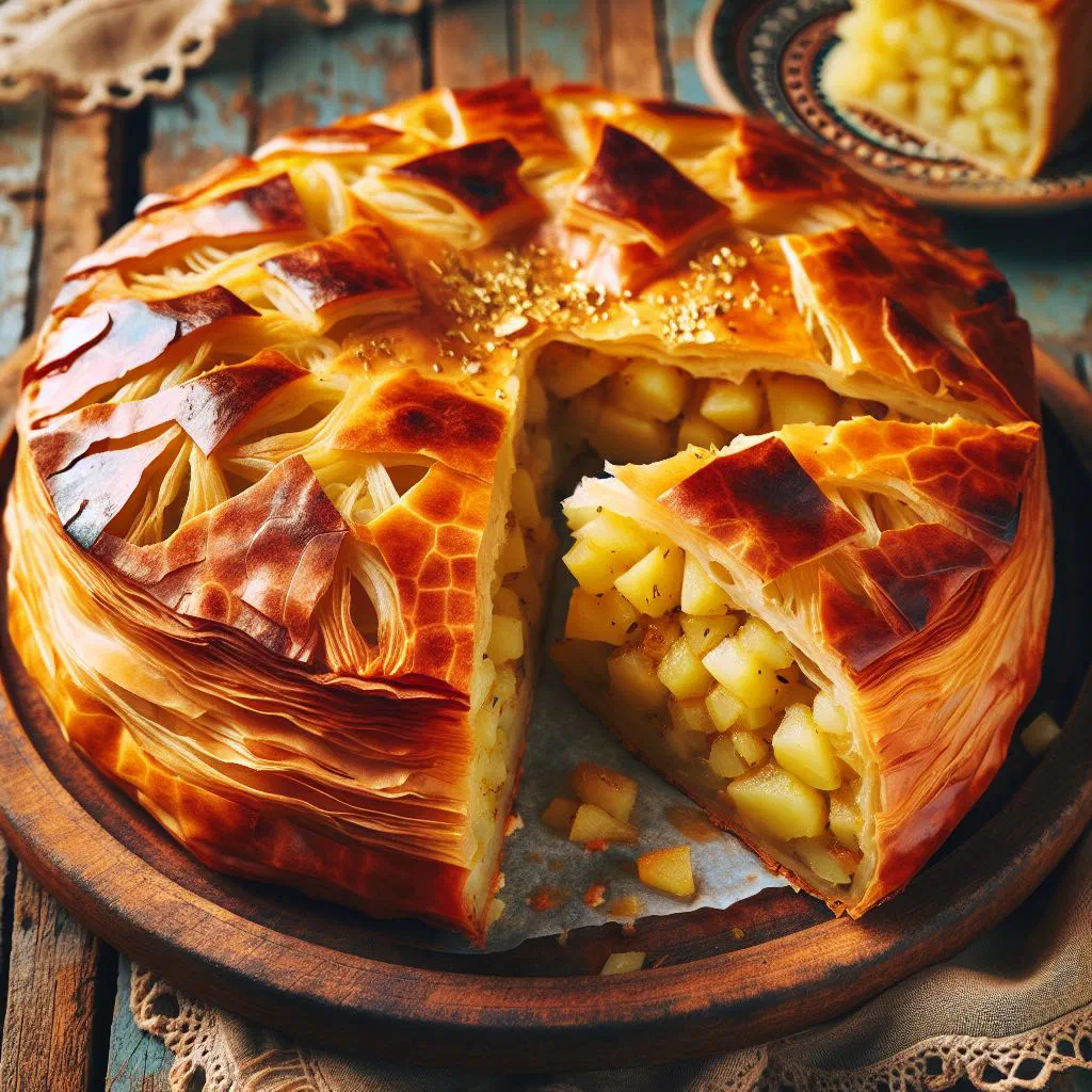 Golden pan-fried Serbian potato pie cut into pieces