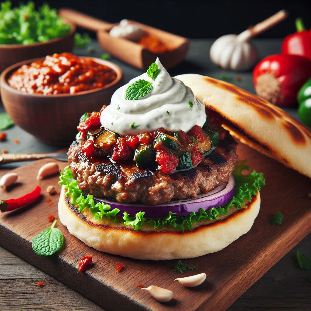 Grilled pljeskavica patty served in flatbread with onions and ajvar