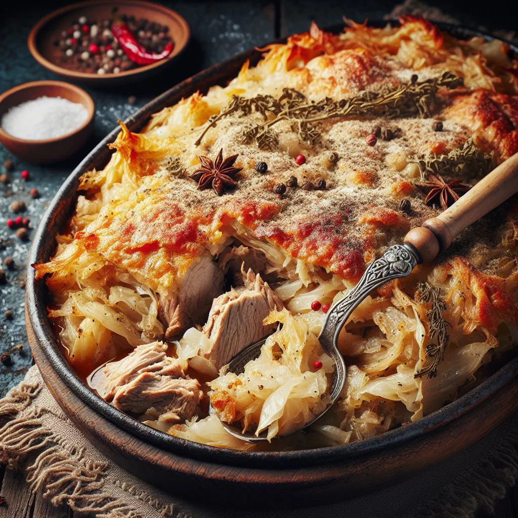 Slow-cooked podvarak with sauerkraut and tender meat in a rustic bowl