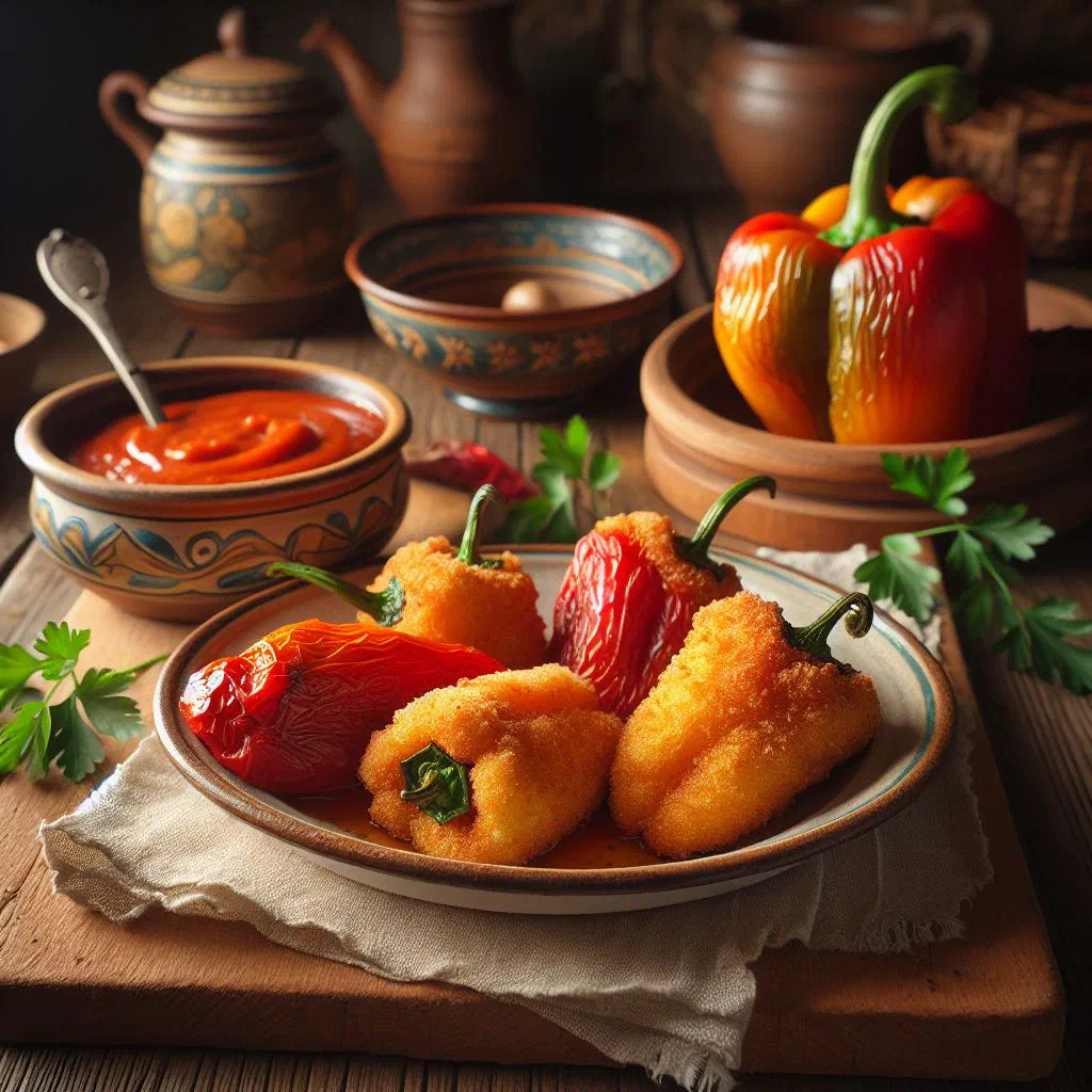 Golden breaded stuffed peppers on a plate garnished with fresh herbs