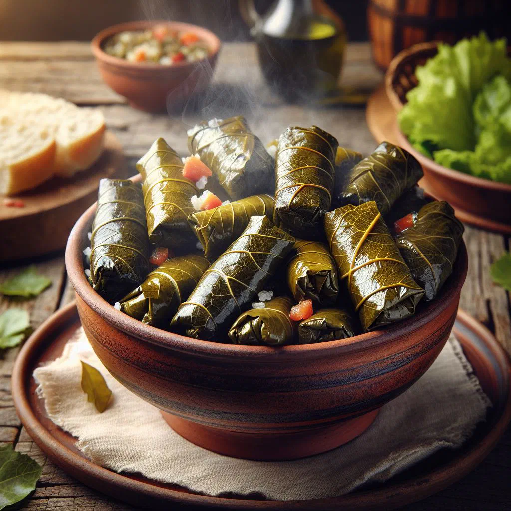 Rolled sauerkraut parcels of posna sarma in a pot, garnished with fresh herbs
