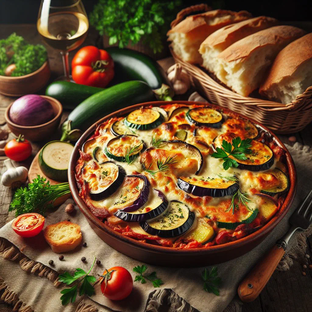 Layered Serbian vegetable moussaka with aubergine, peppers and feta in a baking dish