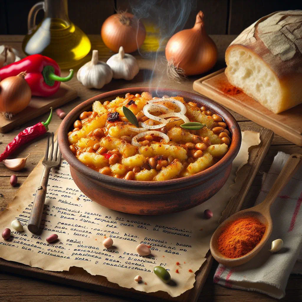 Baked white beans with caramelised onions in an earthenware dish
