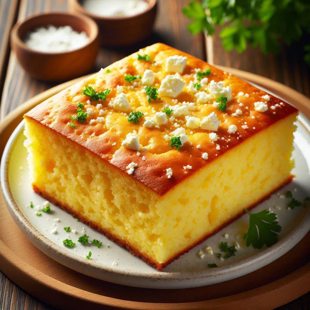 Golden Serbian cornbread with feta, sliced on a rustic board