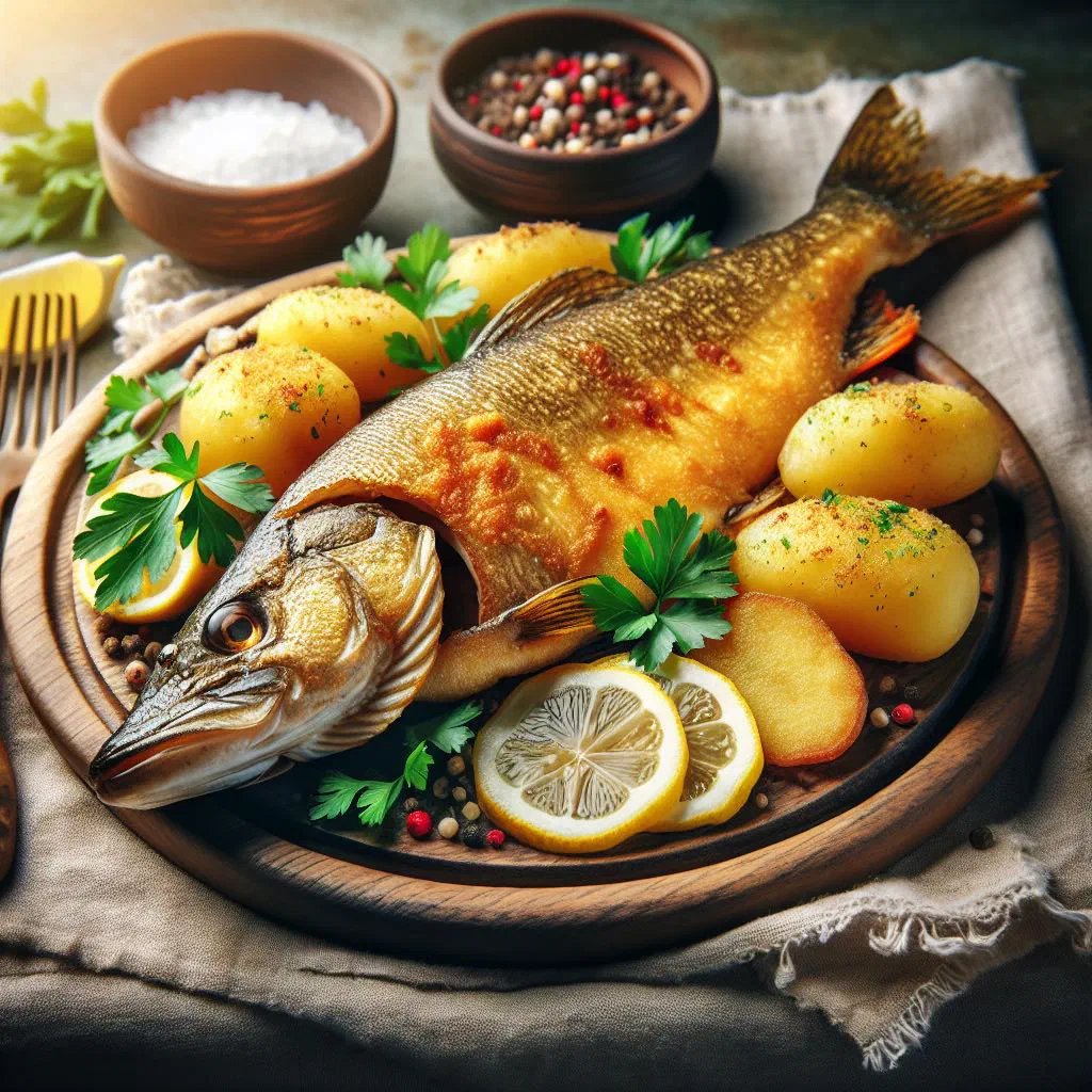 Golden pan-fried breaded pikeperch fillets with lemon wedges