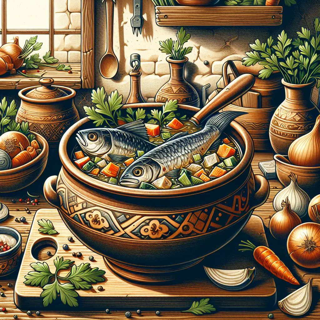 A bowl of Serbian riblja čorba fish soup garnished with fresh herbs