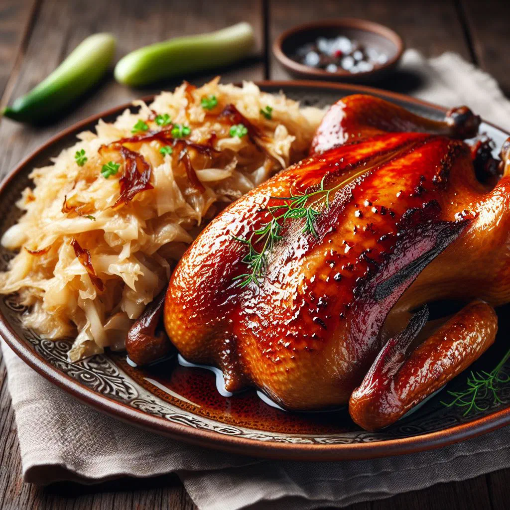 Golden roast duck resting on a bed of braised sauerkraut