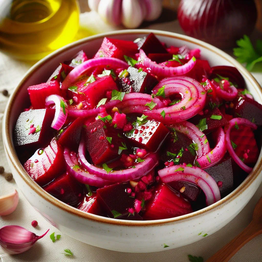 Serbian beetroot salad with onion and fresh herbs in a bowl