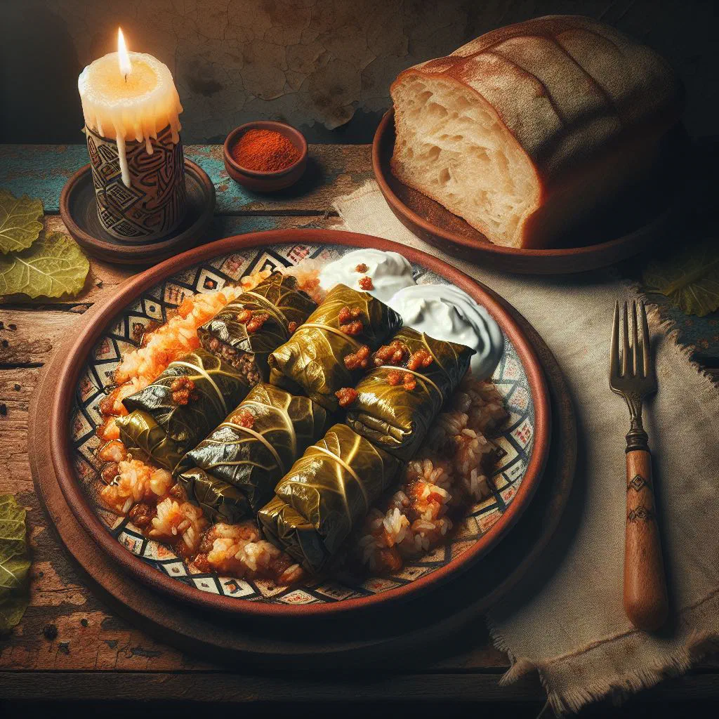 Serbian sarmale cabbage rolls in a deep dish garnished with fresh dill