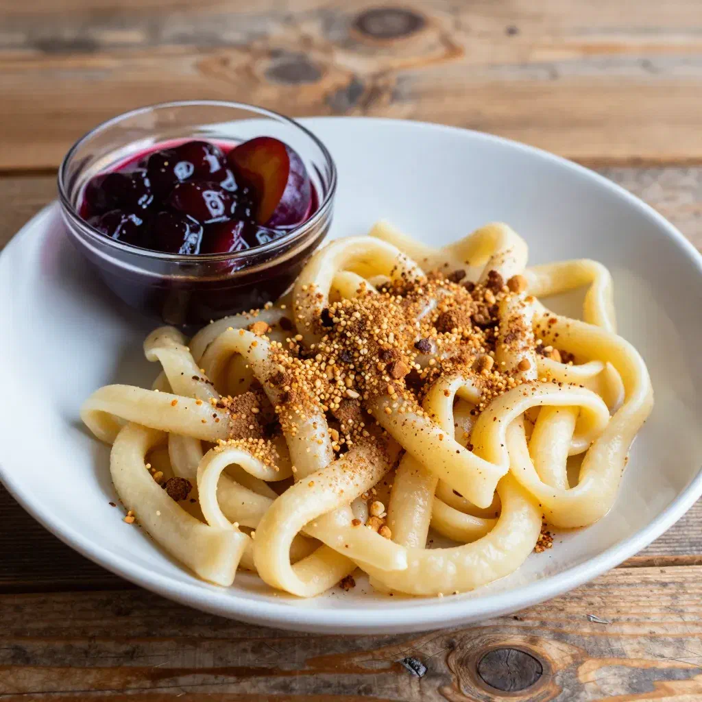 Wide homemade noodles tossed with golden toasted semolina, served with plum compote