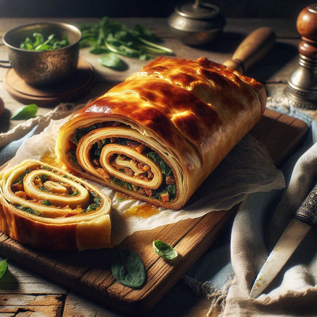 Sliced savoury Slani Rolat filled with cheese and ham