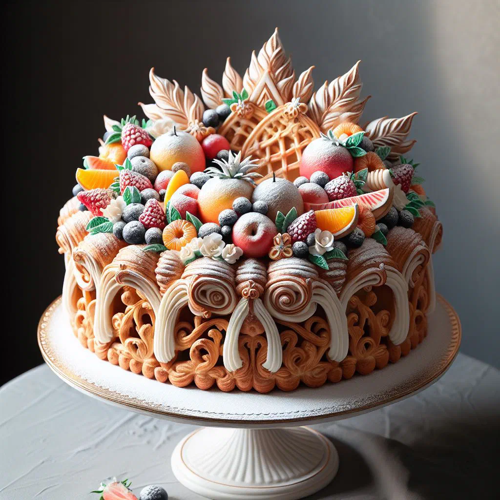Layered Serbian sponge cake with cream filling, fresh berries and a dusting of icing sugar