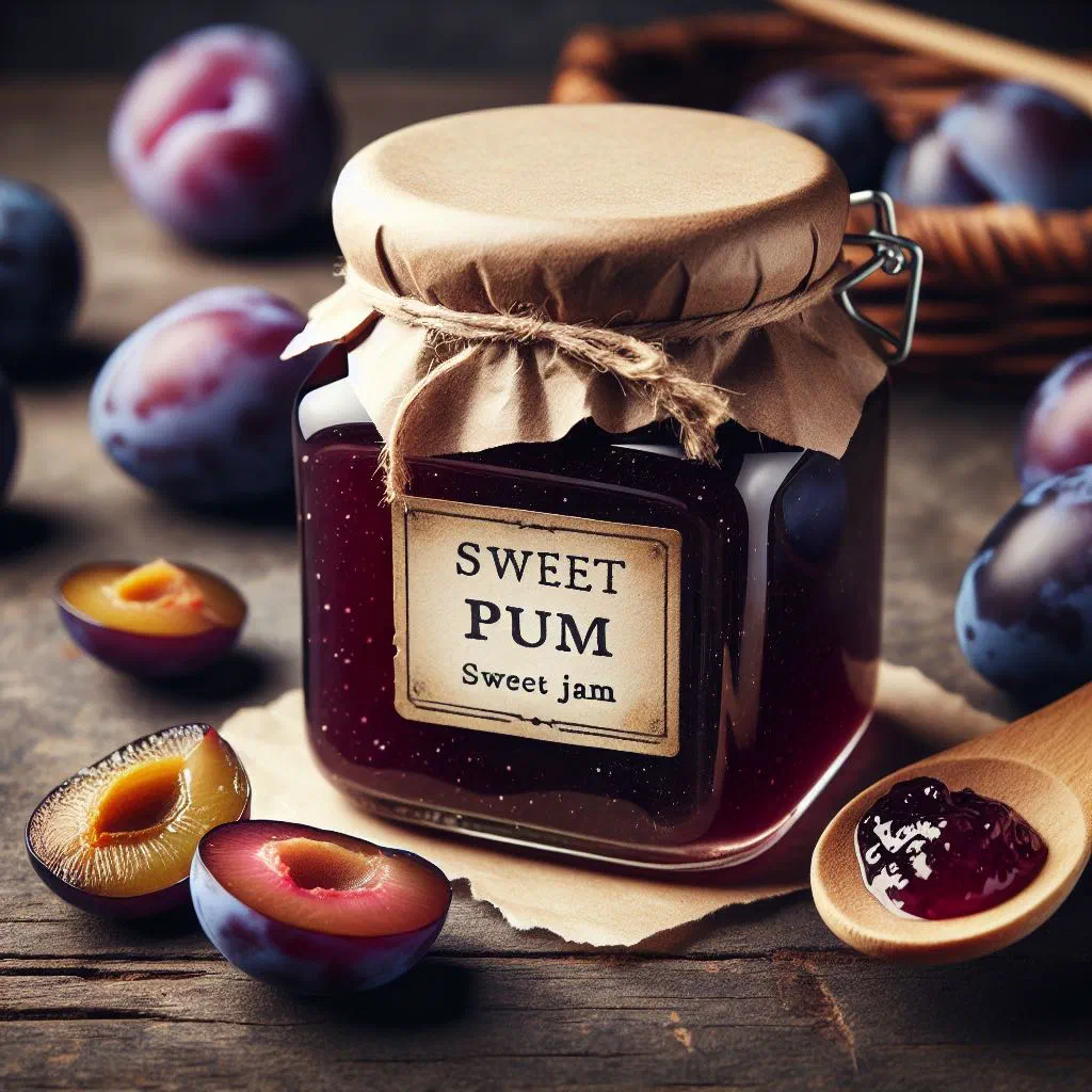 A jar of dark, glossy Serbian plum jam beside fresh plums