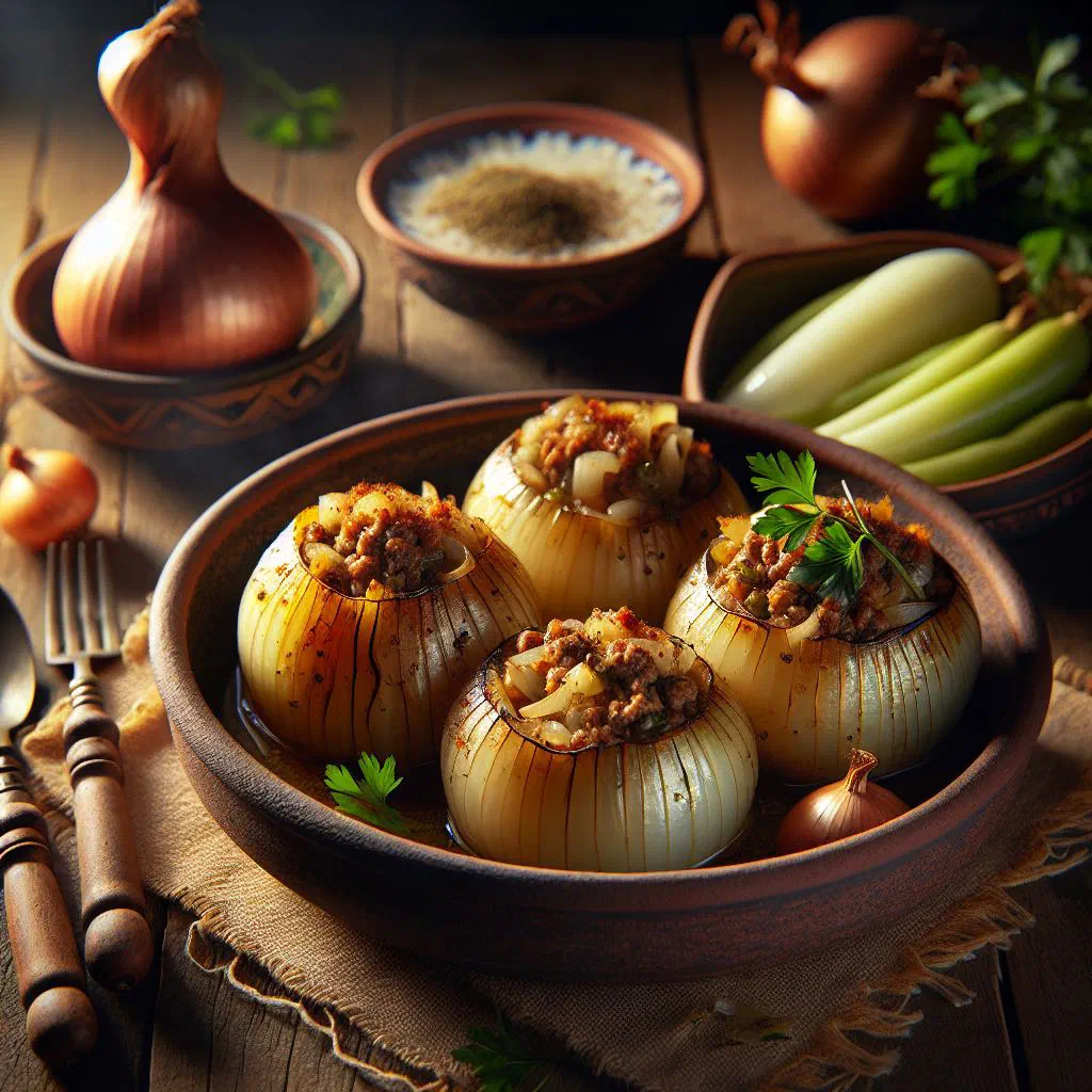 Stuffed onions simmered in tomato sauce, served on a plate