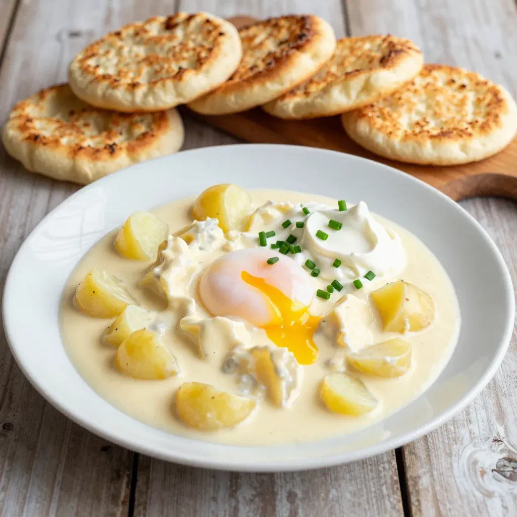 Diced potatoes in a pale tangy sauce with a poached egg, sour cream and chives, fried yeast flatbreads