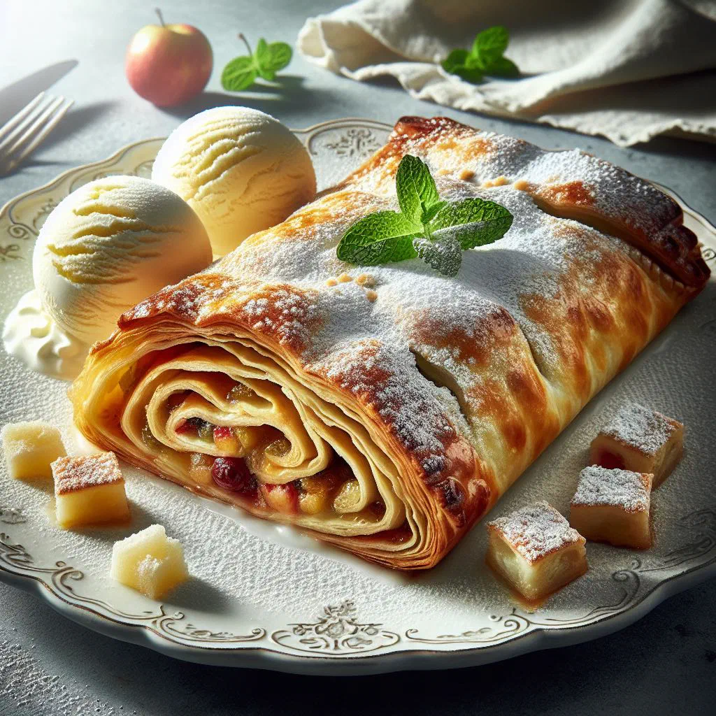 Slices of Serbian štrudla dusted with icing sugar