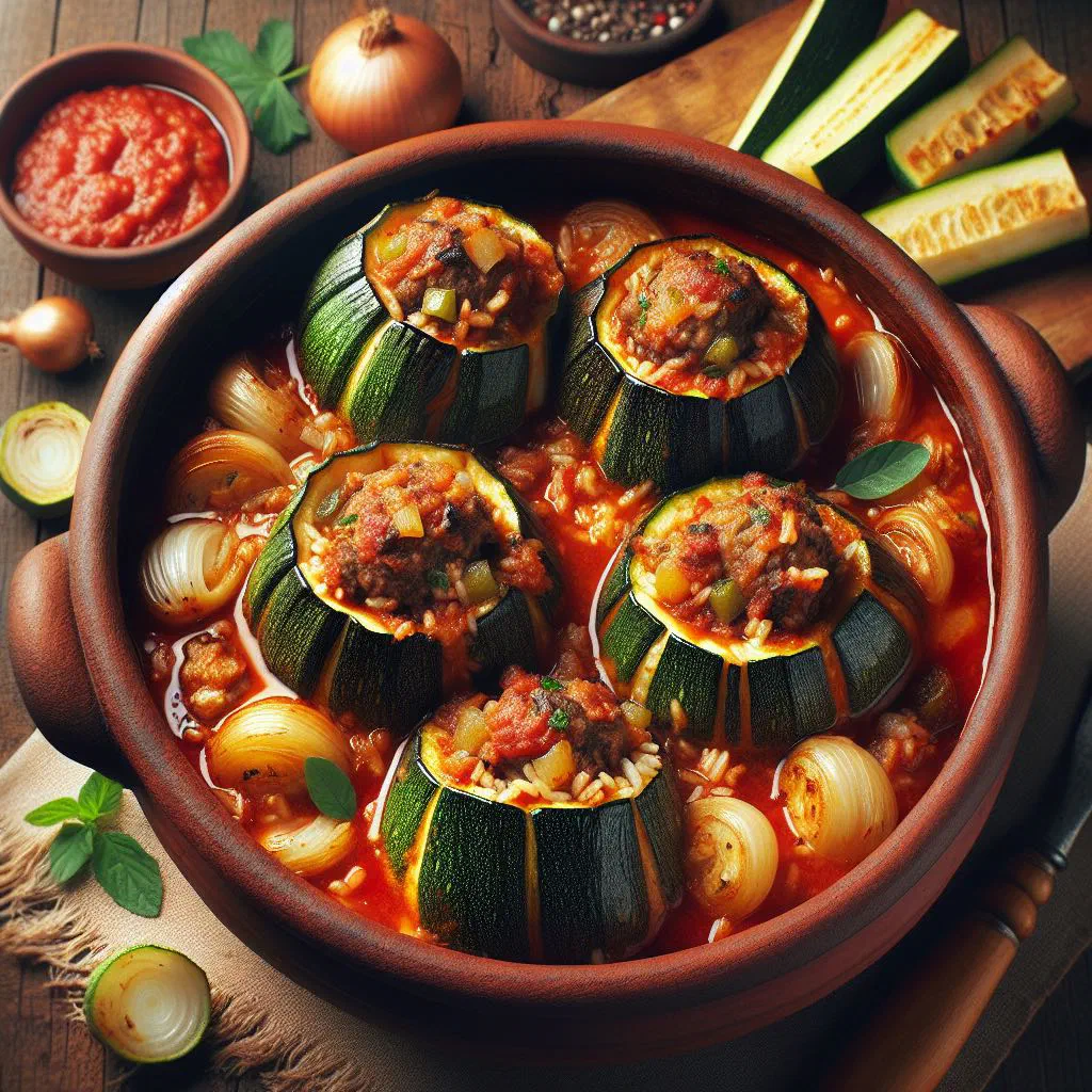 Baked stuffed courgettes filled with minced meat and rice, garnished with parsley