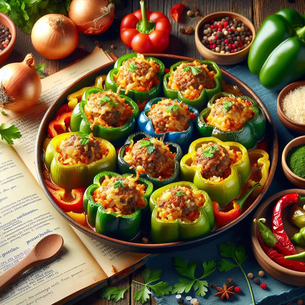 Stuffed peppers filled with rice and minced meat in tomato sauce, garnished with parsley