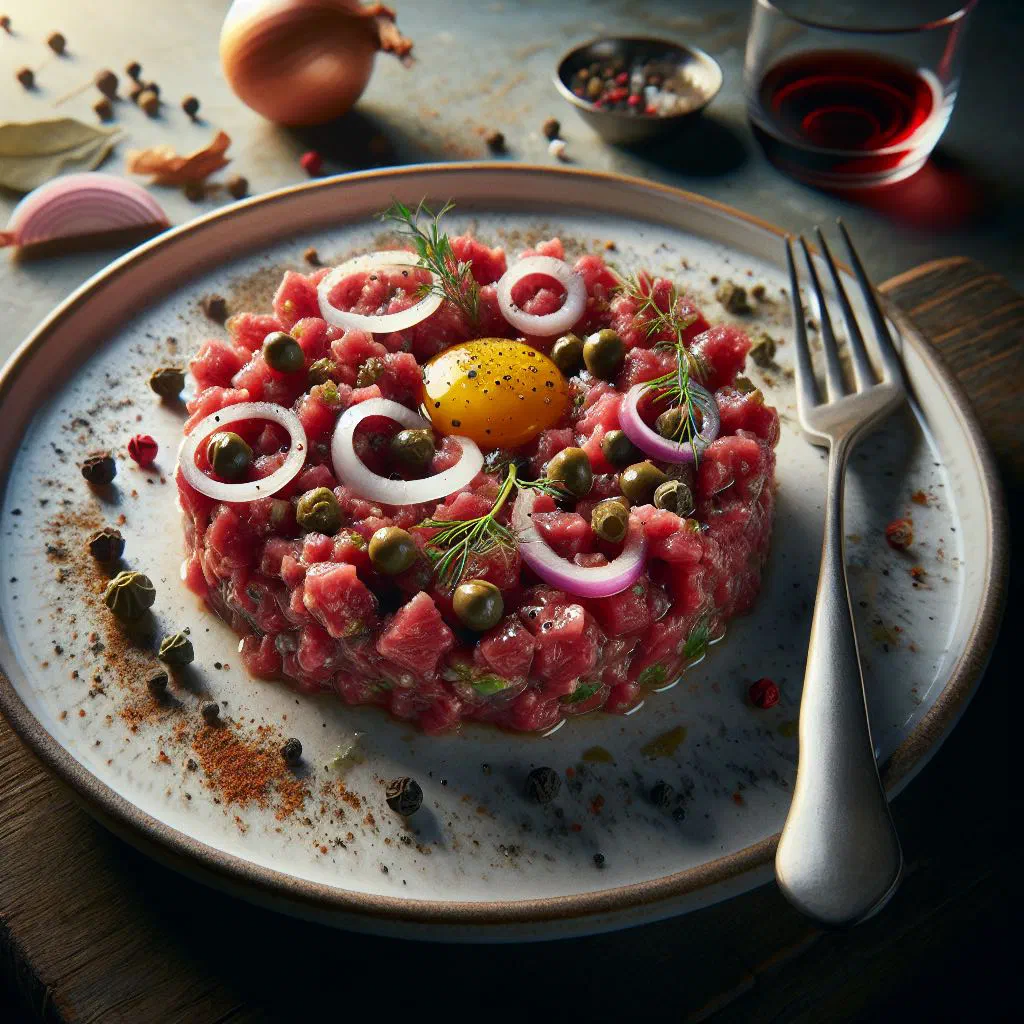 Serbian tatar biftek of finely chopped raw beef garnished with herbs and onion
