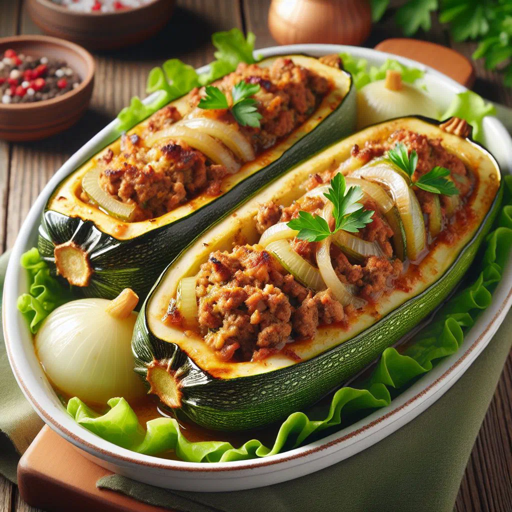 Baked courgettes with spiced minced meat, garnished with fresh parsley