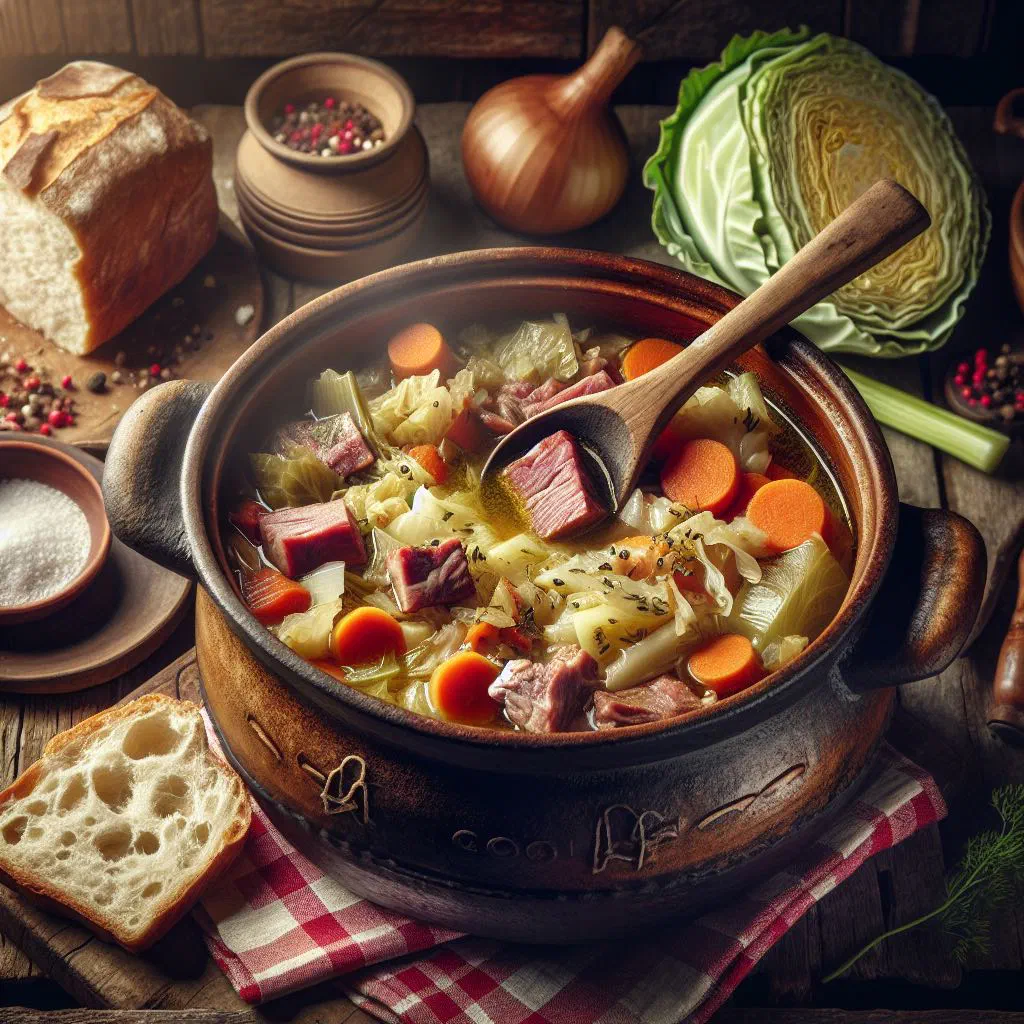 Hearty Serbian cabbage stew with tender pork in a rustic bowl