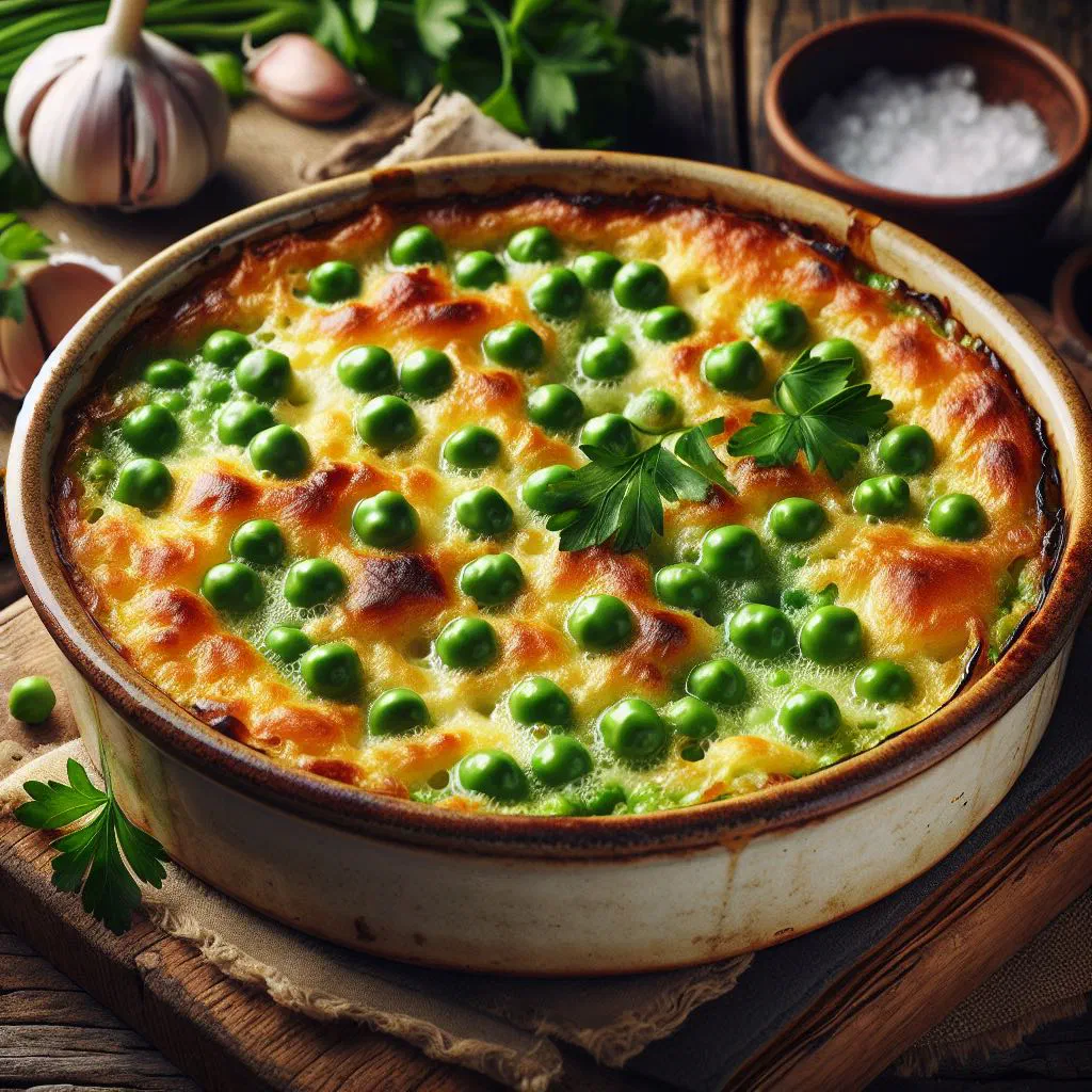 Baked peas and potatoes with a golden top, garnished with fresh herbs