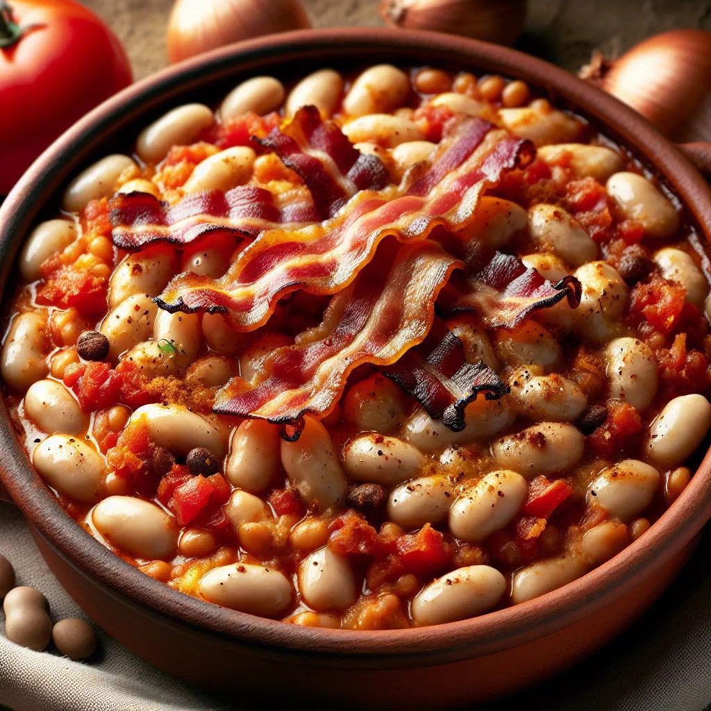 Baked white beans with a golden crust in a rustic dish