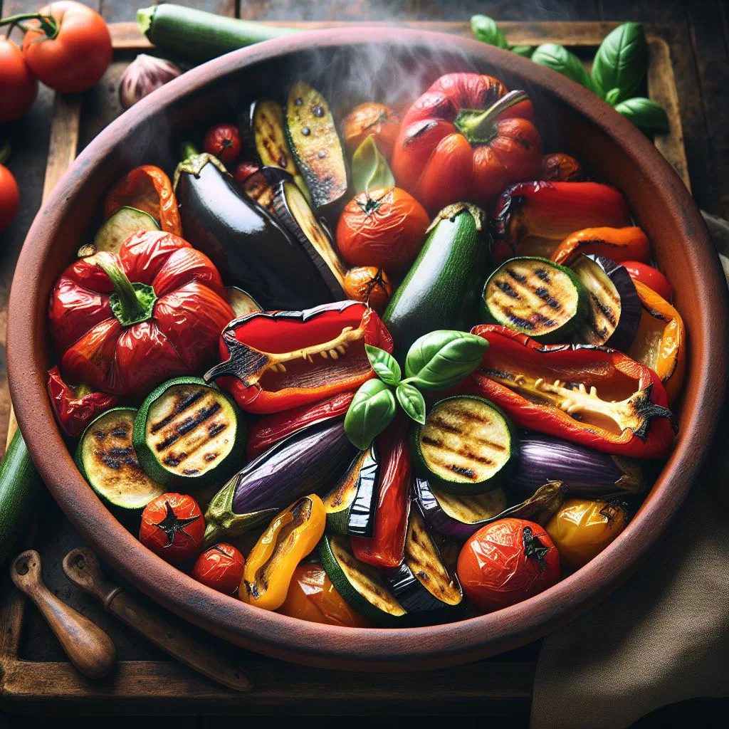 Baked mixed vegetables with a golden cheese crust in a dish