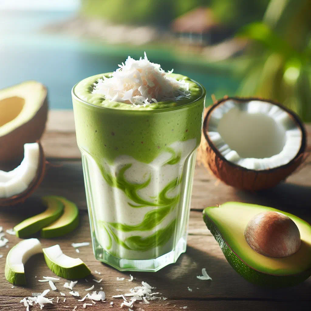 Creamy green avocado and coconut smoothie in a glass with a lime slice