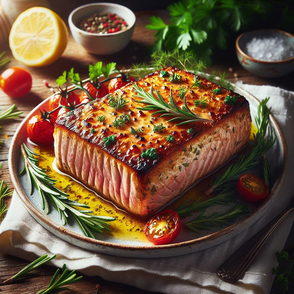 Baked tuna fillet topped with fresh herbs and lime wedges
