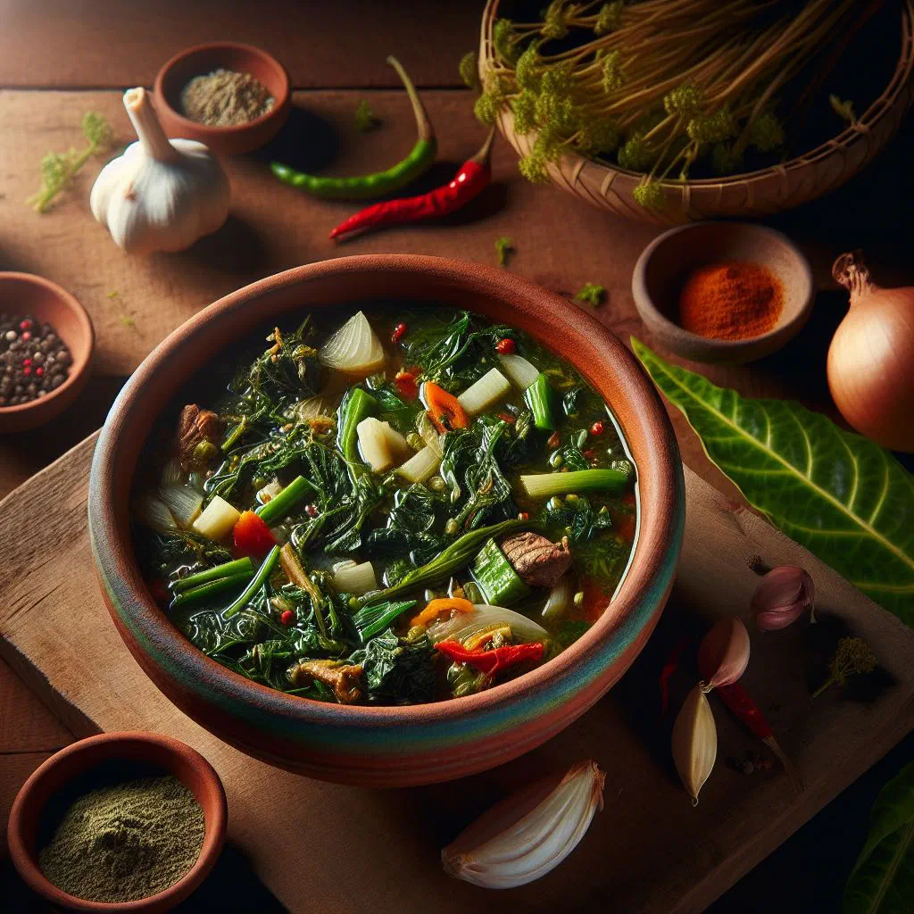 Bowl of Seychellois bouillon bréde, a clear green leaf soup with tomato and garlic
