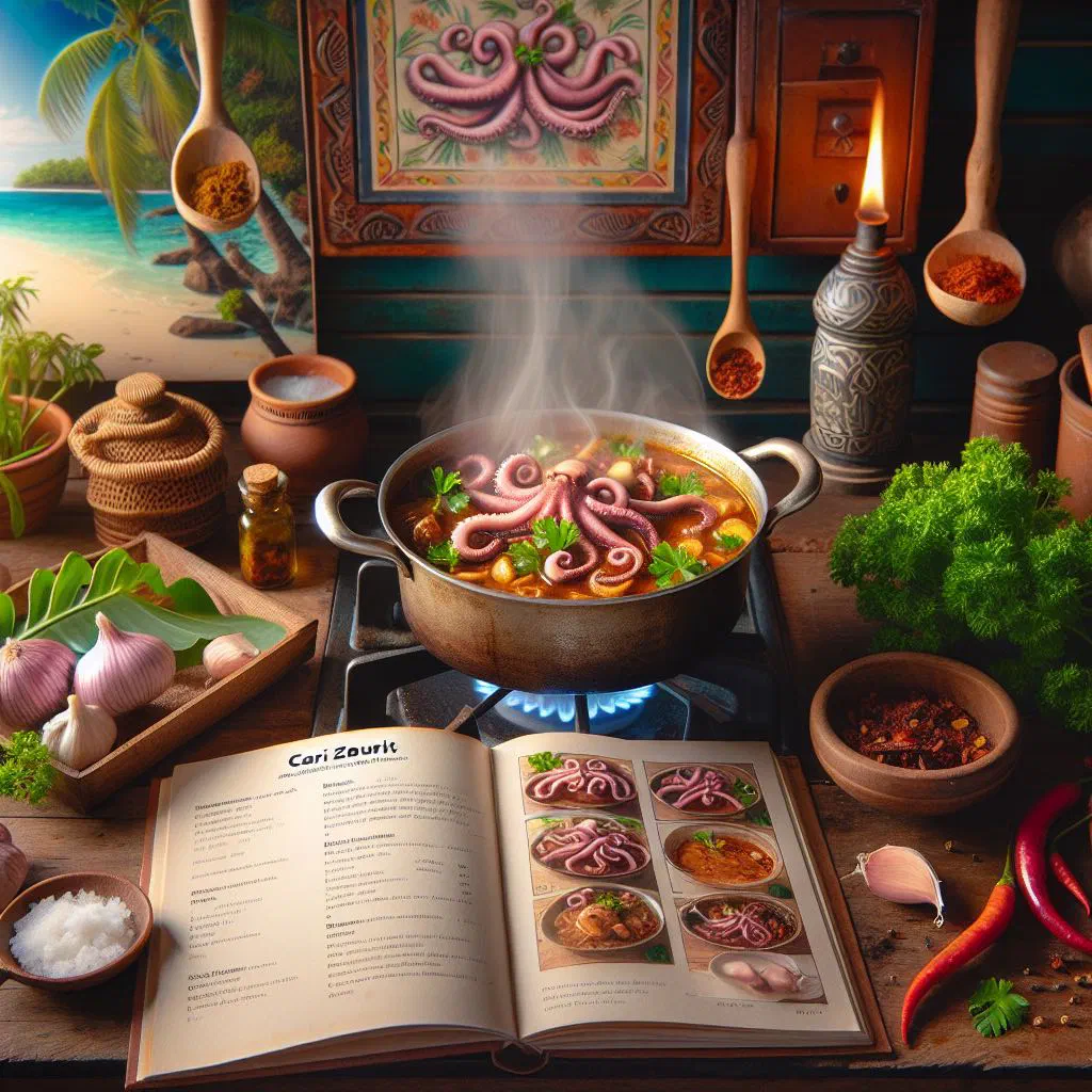 Cari zourit octopus curry in coconut sauce garnished with fresh coriander